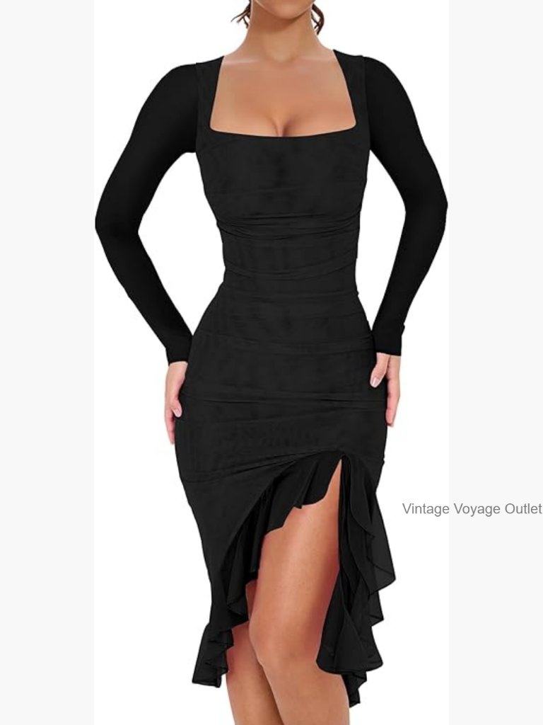 Ruched Bodycon Midi Dress Square Neck Long Sleeve Ruffle Hem